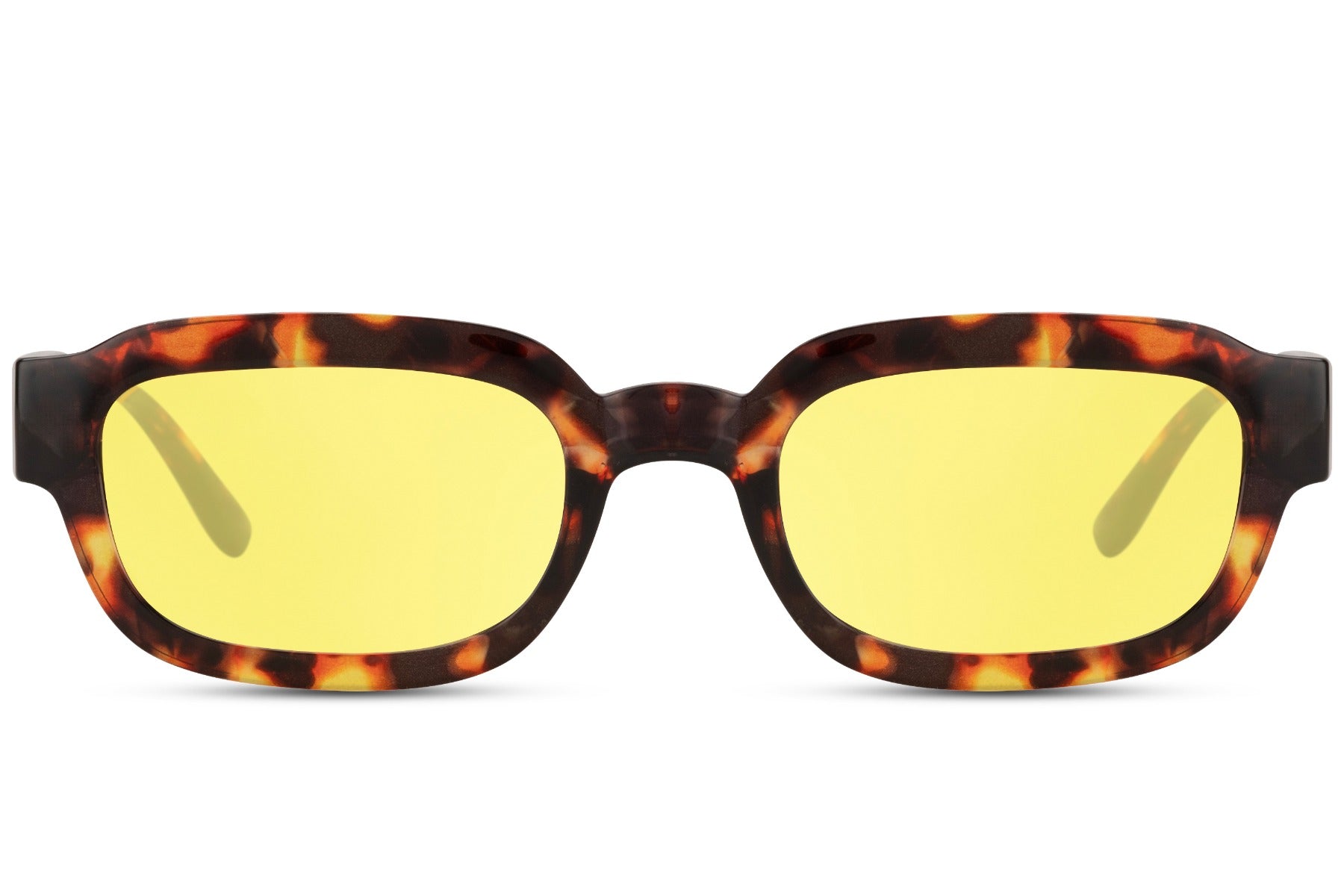 Eco sleek rectangle sunglasses with tortoiseshell frame and yellow lenses by Sunglass Station, bold unisex eyewear combining sustainability with modern fashion