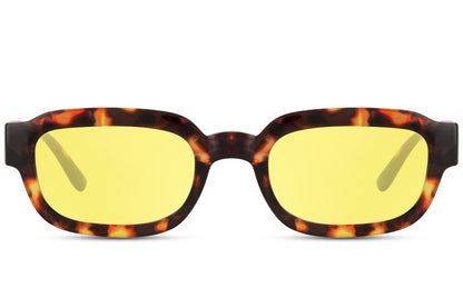 Eco sleek rectangle sunglasses with tortoiseshell frame and yellow lenses by Sunglass Station, bold unisex eyewear combining sustainability with modern fashion