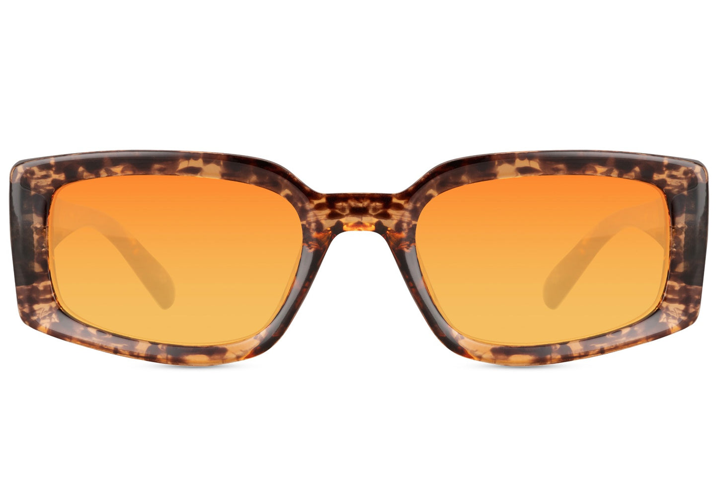 Eco rectangle sunglasses with tortoiseshell frame and orange lenses by Sunglass Station, bold women’s eyewear combining sustainability with contemporary style