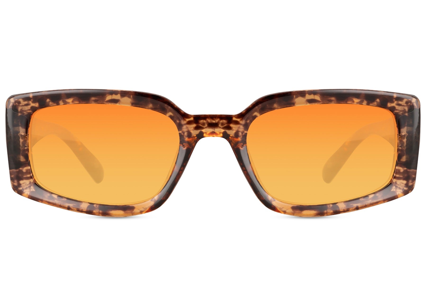 Eco rectangle sunglasses with tortoiseshell frame and orange lenses by Sunglass Station, bold women’s eyewear combining sustainability with contemporary style