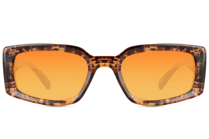 Eco rectangle sunglasses with tortoiseshell frame and orange lenses by Sunglass Station, bold women’s eyewear combining sustainability with contemporary style