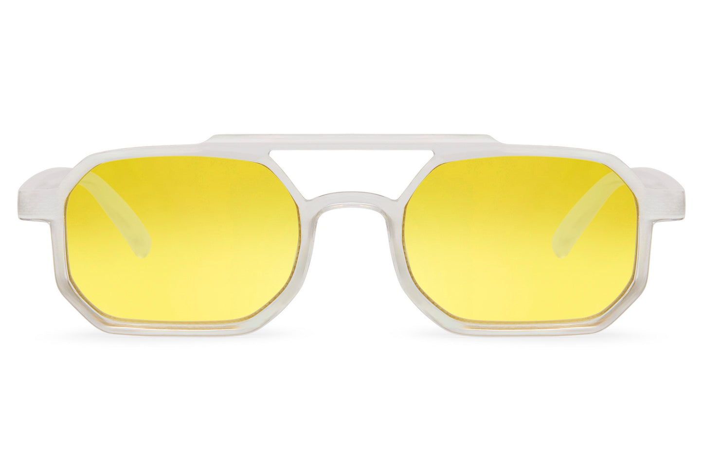 Eco-friendly rectangle sunglasses with yellow lenses by Sunglass Station, unisex design made from recycled materials with a lightweight transparent frame, available online with free shipping across the UK and Europe