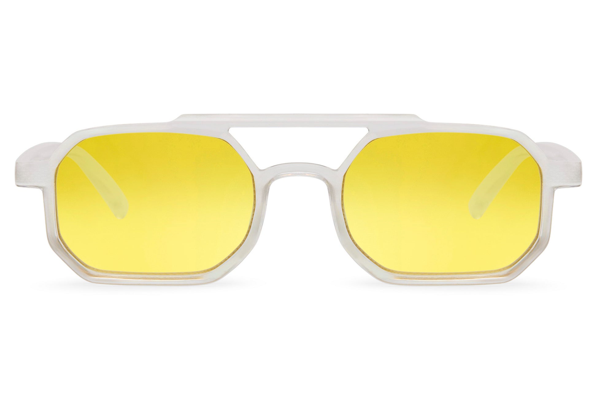 Eco-friendly rectangle sunglasses with yellow lenses by Sunglass Station, unisex design made from recycled materials with a lightweight transparent frame, available online with free shipping across the UK and Europe