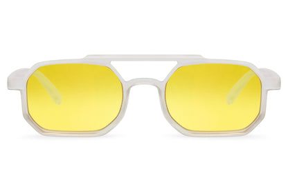 Eco-friendly rectangle sunglasses with yellow lenses by Sunglass Station, unisex design made from recycled materials with a lightweight transparent frame, available online with free shipping across the UK and Europe