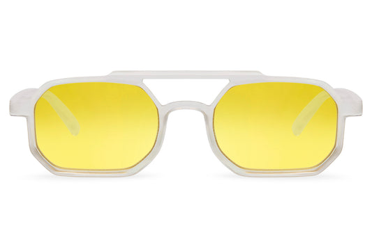 Eco-friendly rectangle sunglasses with yellow lenses by Sunglass Station, unisex design made from recycled materials with a lightweight transparent frame, available online with free shipping across the UK and Europe