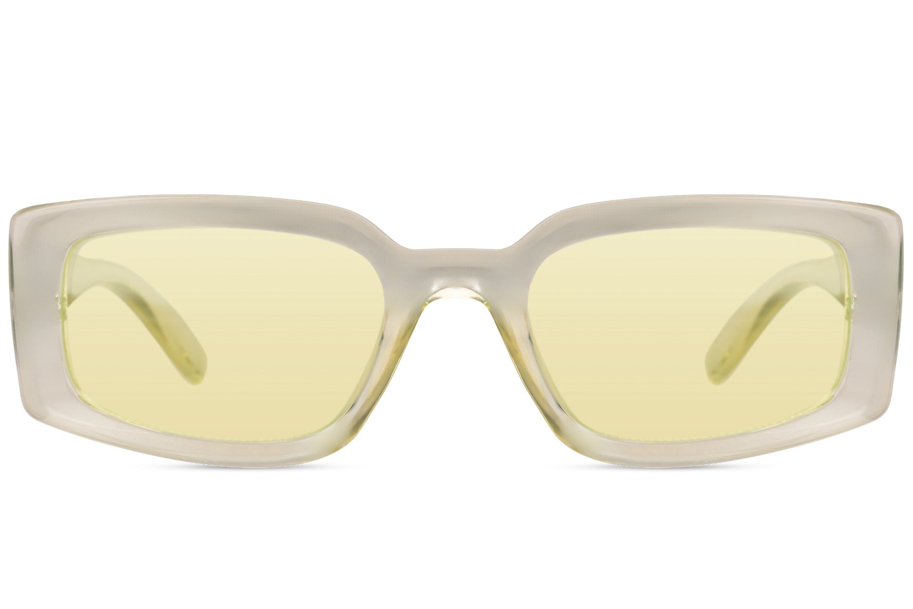 Eco rectangle sunglasses with yellow lenses and transparent frame by Sunglass Station, modern women’s eyewear with a unique and stylish look