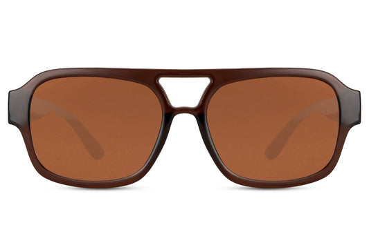 Eco retro aviator sunglasses with brown tinted lenses and UV400 protection, designed for everyday wear with a sustainable frame
