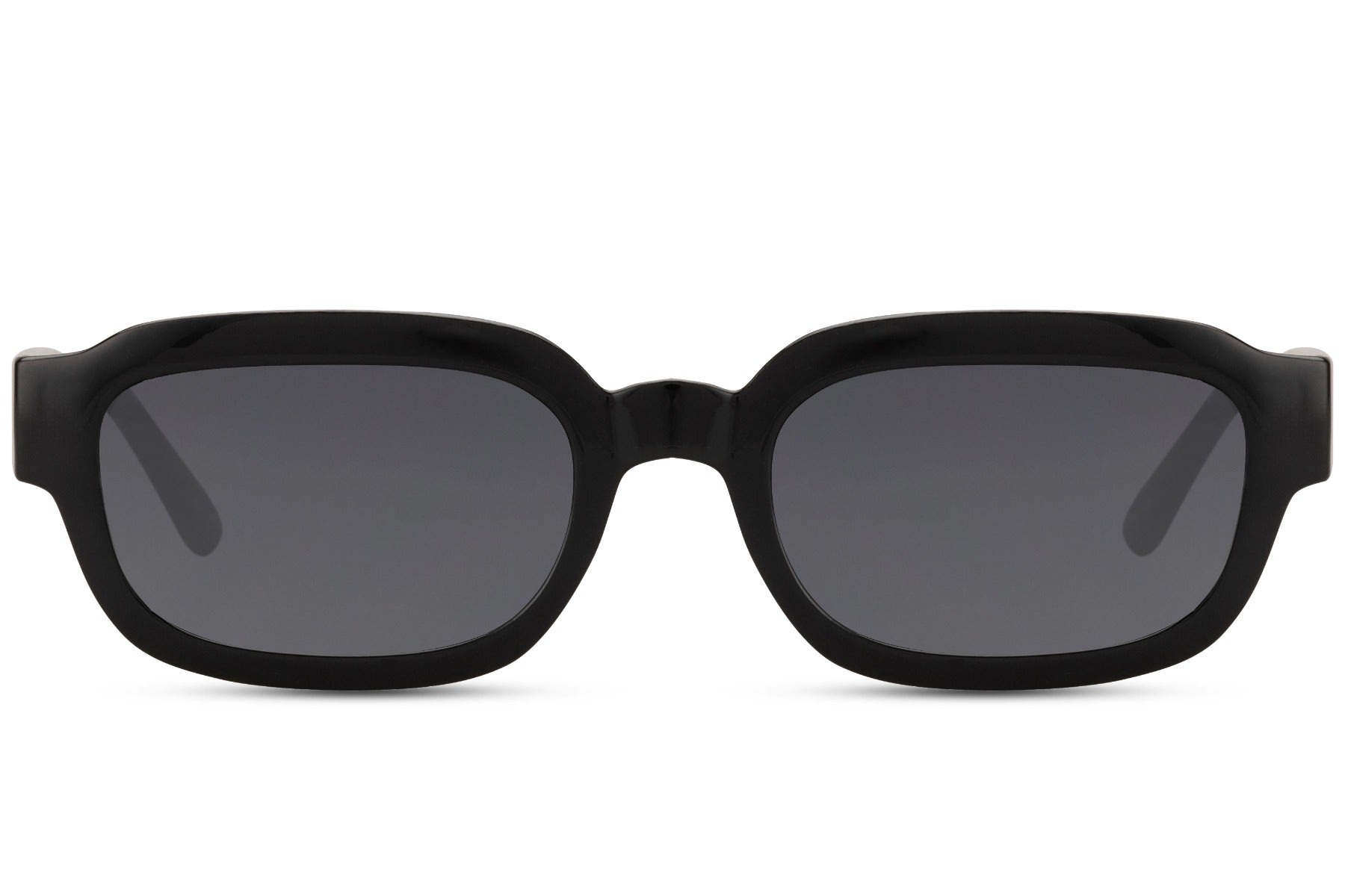 Eco sleek frame rectangle sunglasses with black frame and dark lenses by Sunglass Station, unisex eyewear made from recycled materials with UV protection and a modern minimalist design, available online with free shipping across the UK and Europe