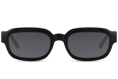 Eco sleek frame rectangle sunglasses with black frame and dark lenses by Sunglass Station, unisex eyewear made from recycled materials with UV protection and a modern minimalist design, available online with free shipping across the UK and Europe