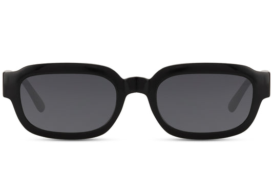 Eco sleek frame rectangle sunglasses with black frame and dark lenses by Sunglass Station, unisex eyewear made from recycled materials with UV protection and a modern minimalist design, available online with free shipping across the UK and Europe
