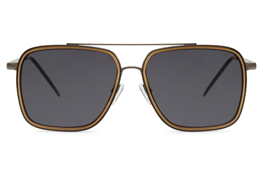 European square aviator sunglasses with black lenses and gold frame, combining modern geometric style with a premium classic finish