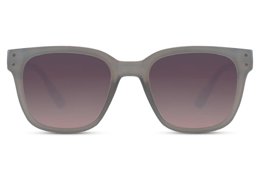 European square sunglasses with grey recycled frame and purple gradient lenses for modern everyday fashion