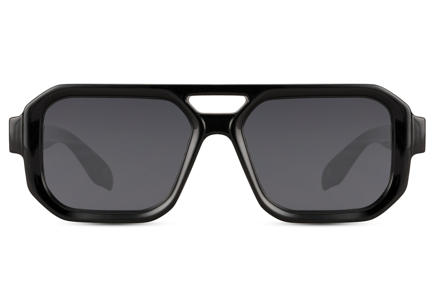 Geometric aviator sunglasses with black frame and UV400 protection, designed for men and women seeking bold structured eyewear