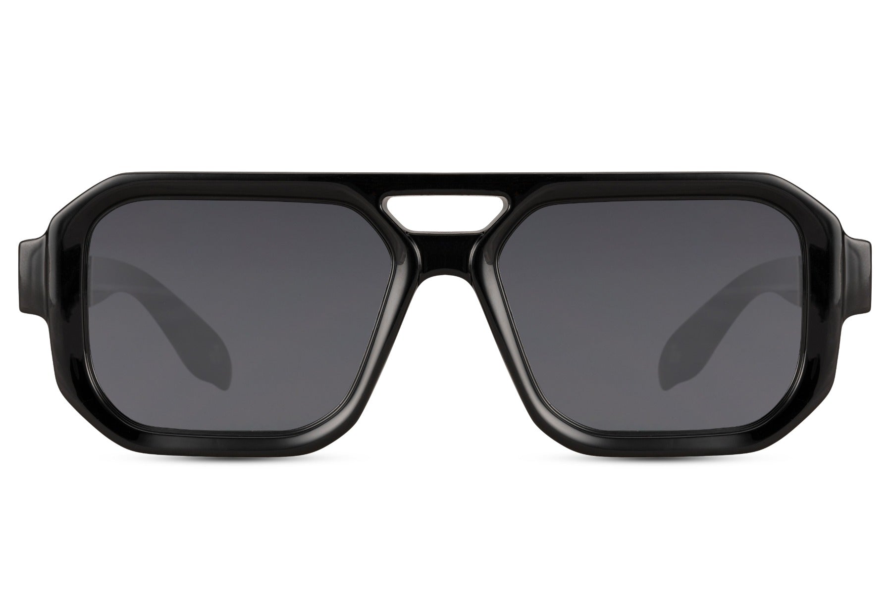 Geometric aviator sunglasses with black frame and UV400 protection, designed for men and women seeking bold structured eyewear