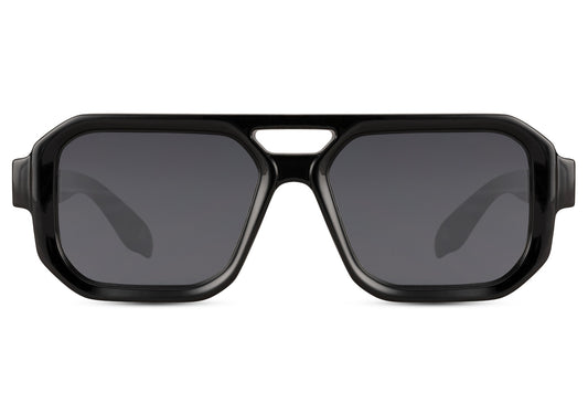 Geometric aviator sunglasses with black frame and UV400 protection, designed for men and women seeking bold structured eyewear