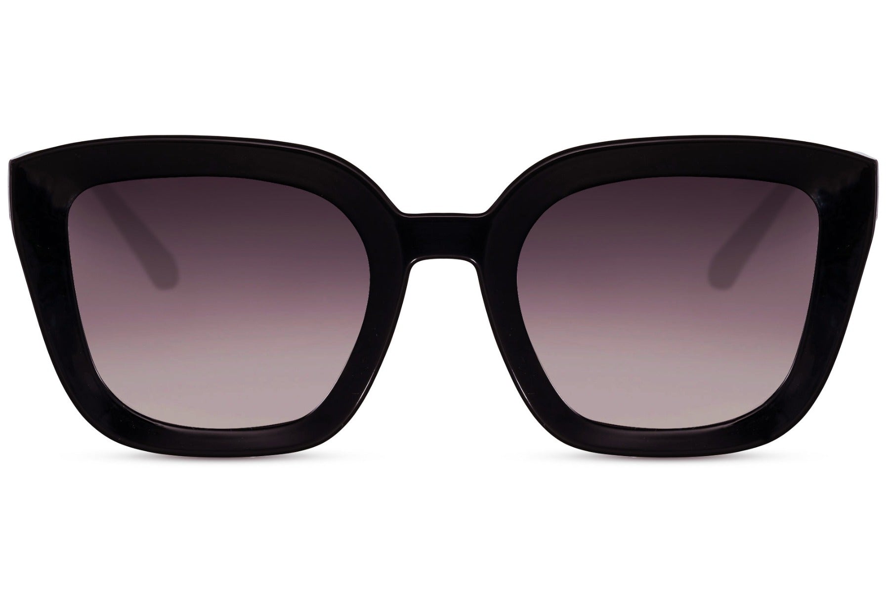 Black geometric cat eye sunglasses with angular frame design and gradient tinted lenses offering UV protection