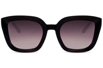 Black geometric cat eye sunglasses with angular frame design and gradient tinted lenses offering UV protection