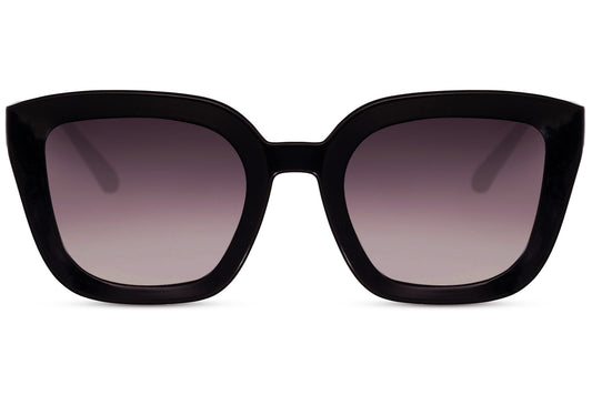 Black geometric cat eye sunglasses with angular frame design and gradient tinted lenses offering UV protection