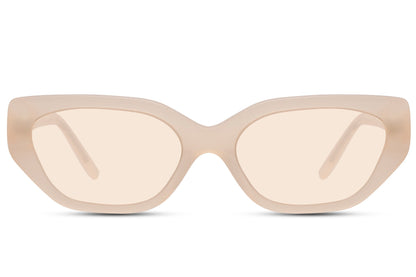 Geometric cat eye sunglasses with beige frame and translucent lenses offering UV protection and modern design