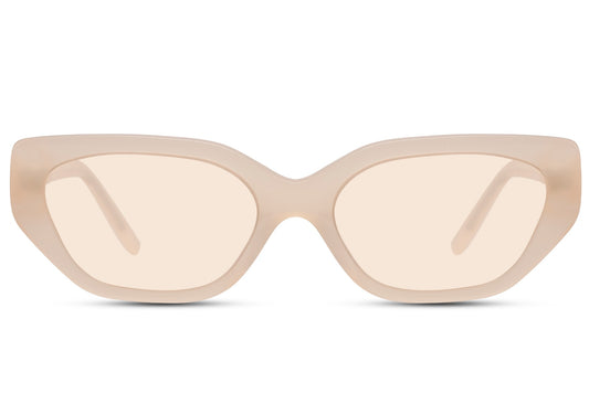 Geometric cat eye sunglasses with beige frame and translucent lenses offering UV protection and modern design