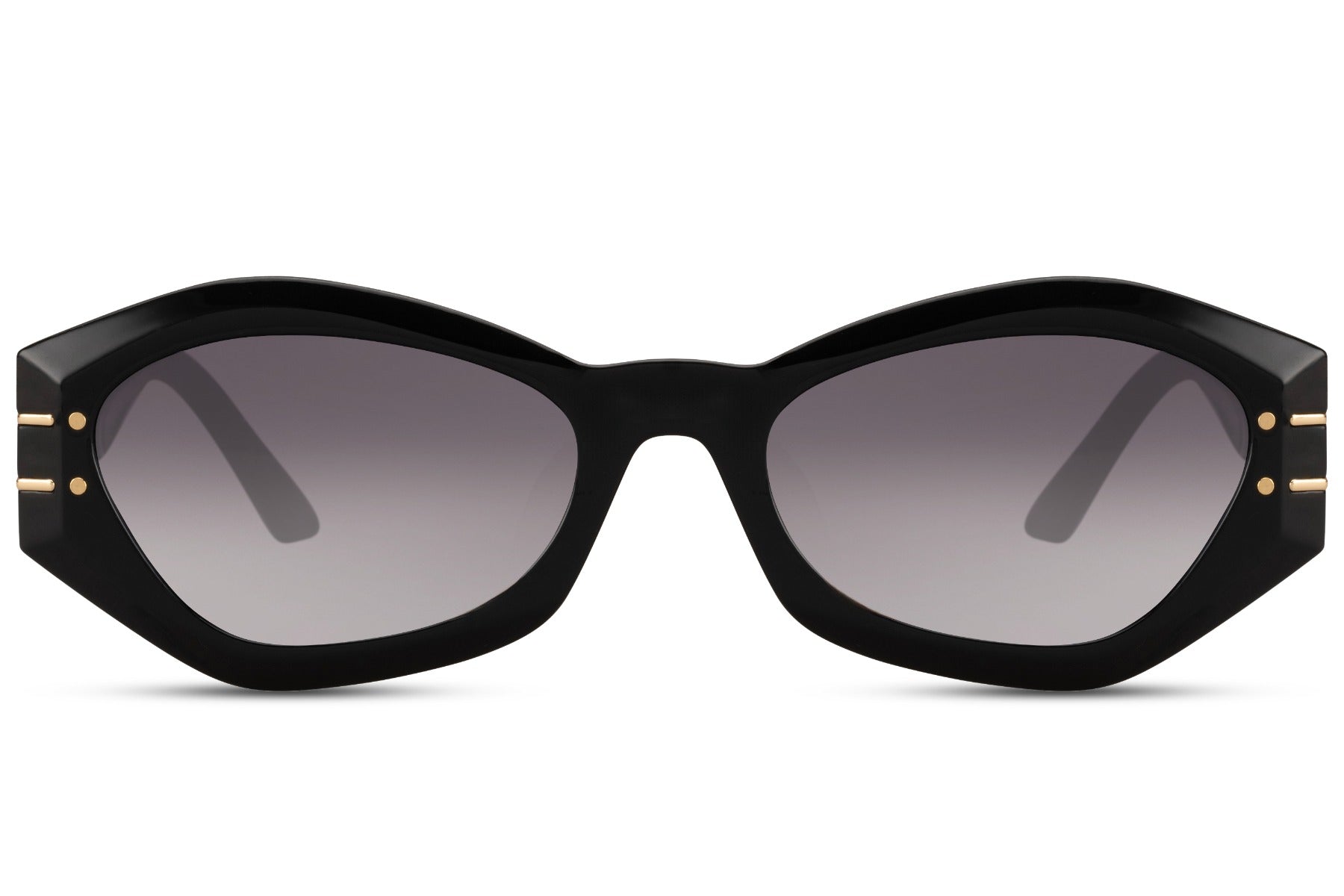 Black geometric cat eye sunglasses with angular frame design and tinted lenses offering UV protection and lightweight comfort