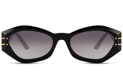 Black geometric cat eye sunglasses with angular frame design and tinted lenses offering UV protection and lightweight comfort
