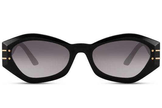 Black geometric cat eye sunglasses with angular frame design and tinted lenses offering UV protection and lightweight comfort