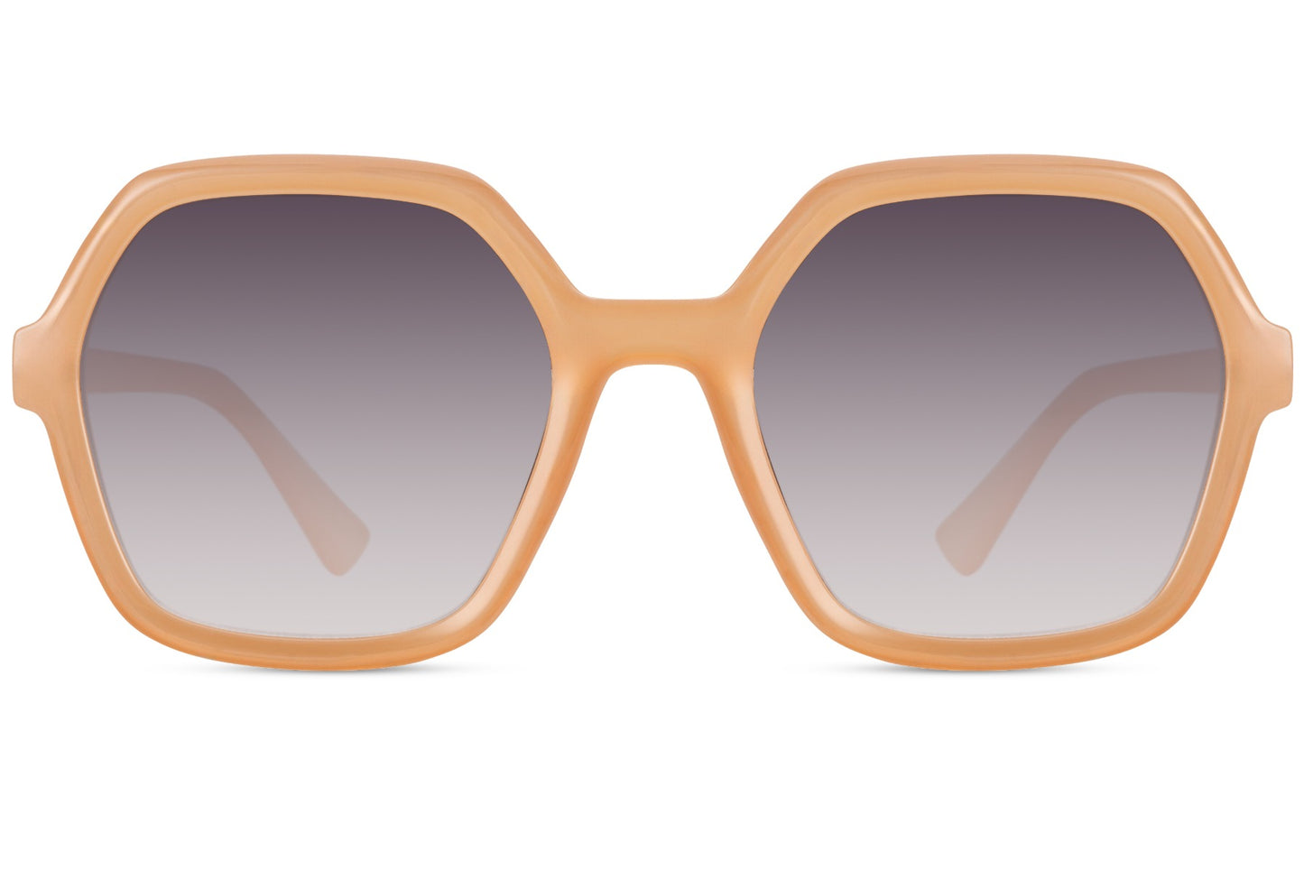 Oversized geometric hexagon sunglasses in light brown frame with soft tinted lenses, eco friendly sunglasses for women with minimalist and modern design