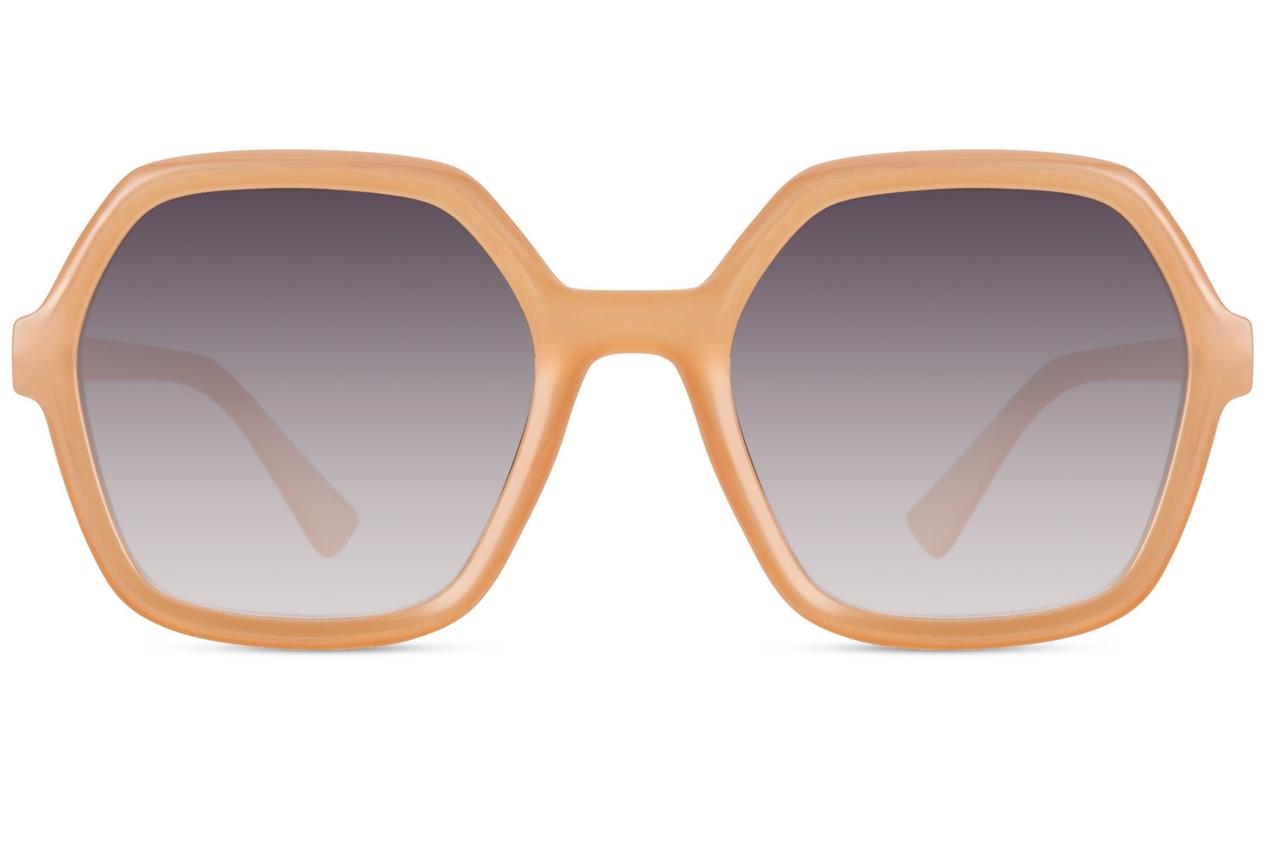Oversized geometric hexagon sunglasses in light brown frame with soft tinted lenses, eco friendly sunglasses for women with minimalist and modern design