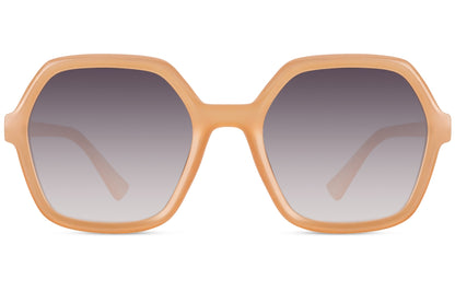 Oversized geometric hexagon sunglasses in light brown frame with soft tinted lenses, eco friendly sunglasses for women with minimalist and modern design