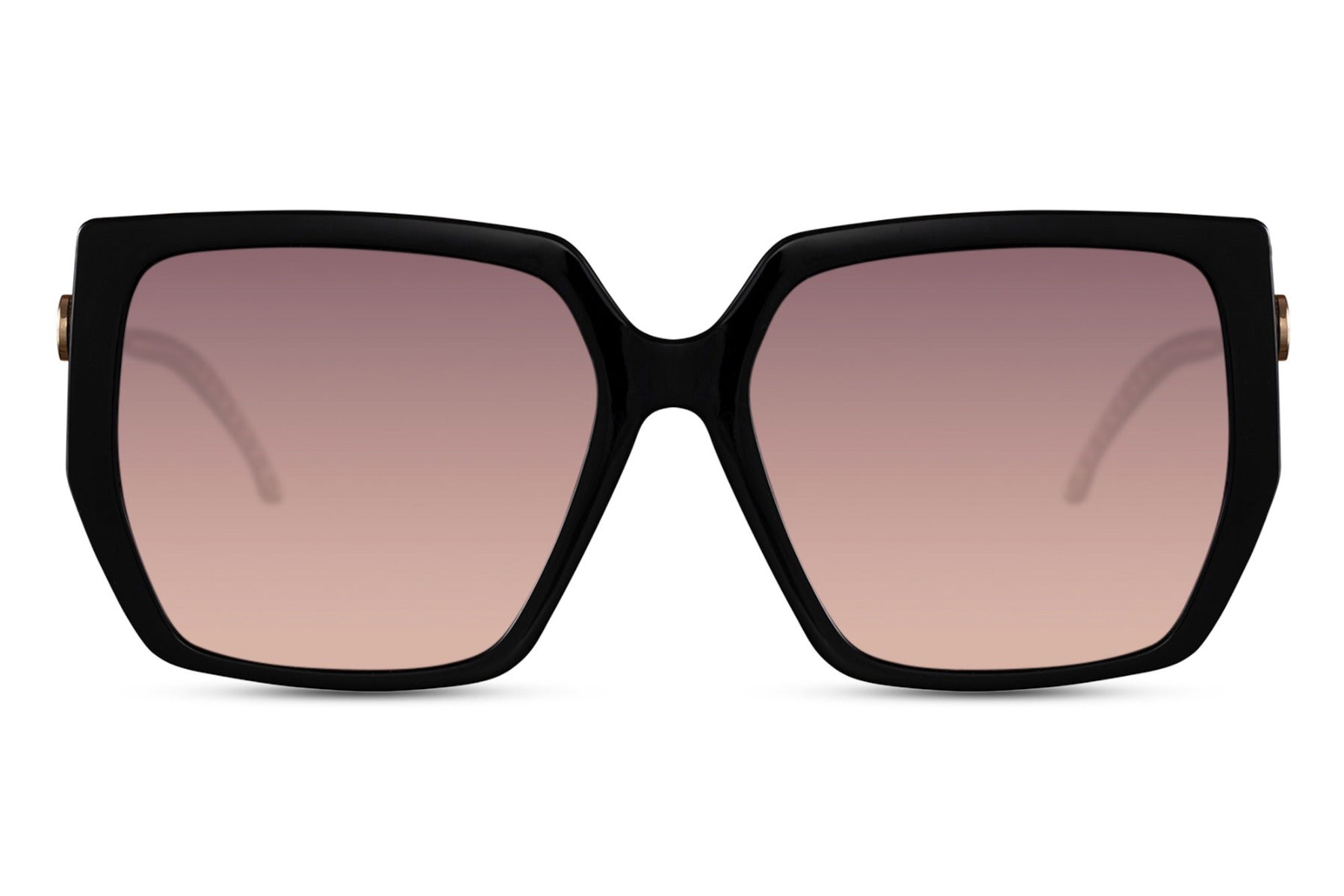 Geometric oversized sunglasses with black frame and pink gradient lenses, combining bold modern design with eco-friendly materials and UV protection