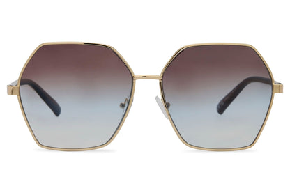 Geometric oversized sunglasses with blue gradient lenses and hexagon frame, offering a bold modern look with lightweight comfort
