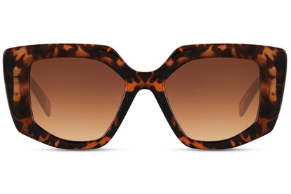 Geometric oversized sunglasses in tortoiseshell frame with bold square design, stylish women’s sunglasses for vacation outfits, brunch looks and luxury summer styling