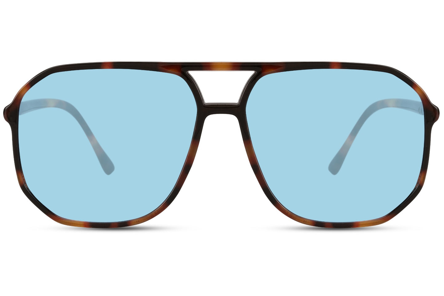 Geometric retro aviator sunglasses with blue lenses and patterned frame, designed for bold modern fashion styling