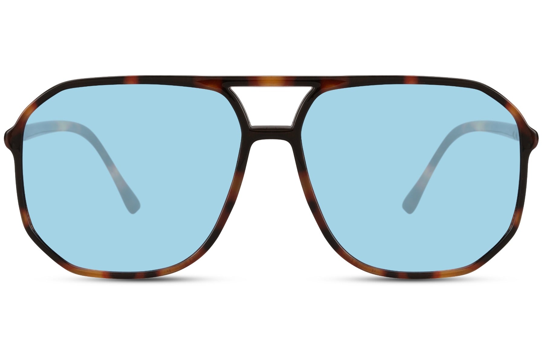 Geometric retro aviator sunglasses with blue lenses and patterned frame, designed for bold modern fashion styling