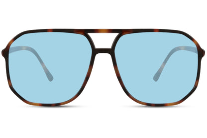Geometric retro aviator sunglasses with blue lenses and patterned frame, designed for bold modern fashion styling