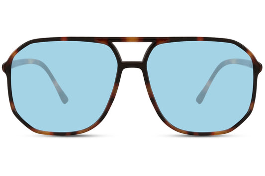 Geometric retro aviator sunglasses with blue lenses and patterned frame, designed for bold modern fashion styling
