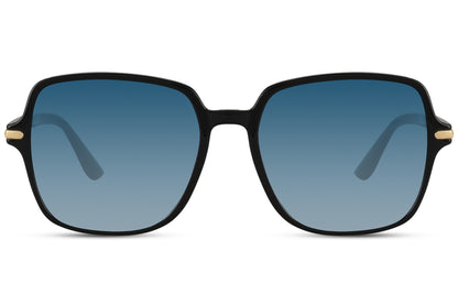 Greece inspired oversized sunglasses with blue tinted lenses and black frame, stylish summer sunglasses for beach holidays, travel outfits and Mediterranean fashion looks