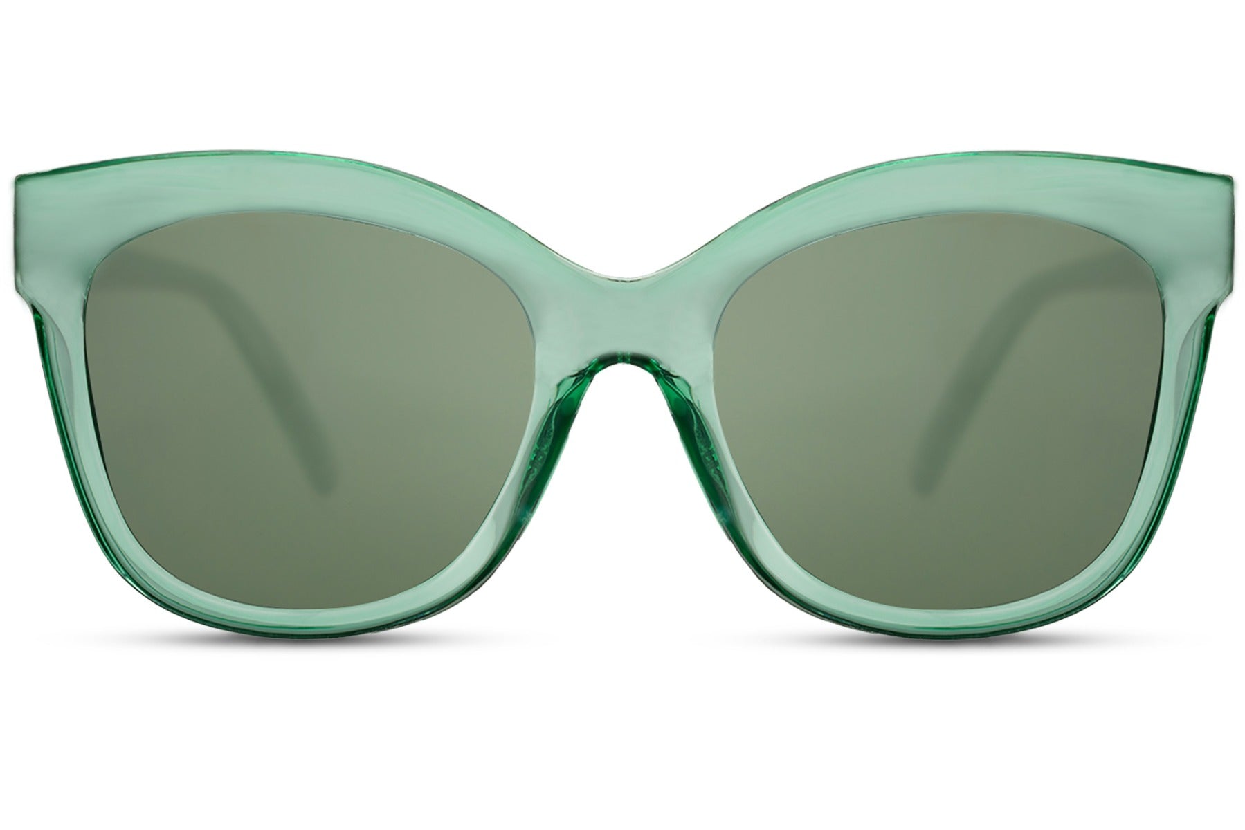 Green cat eye sunglasses with a modern oversized frame crafted from eco-conscious materials