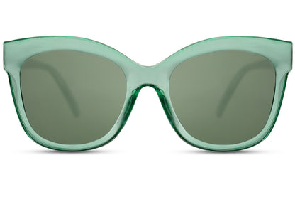 Green cat eye sunglasses with a modern oversized frame crafted from eco-conscious materials