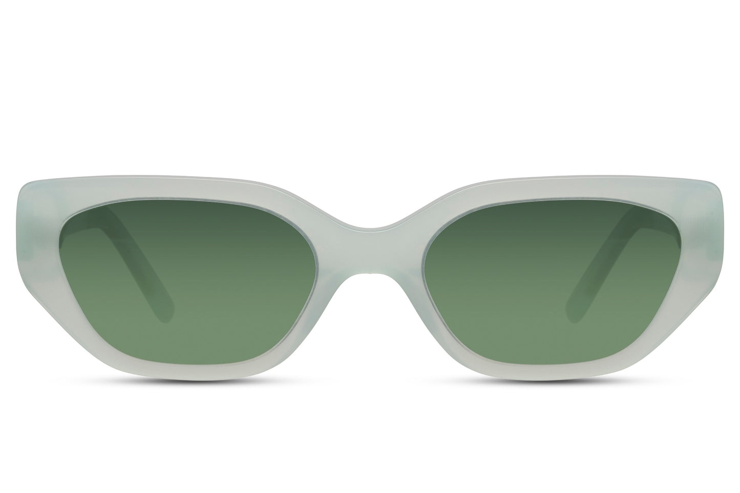 Green tinted geometric cat eye sunglasses with bold frame shape and contemporary style