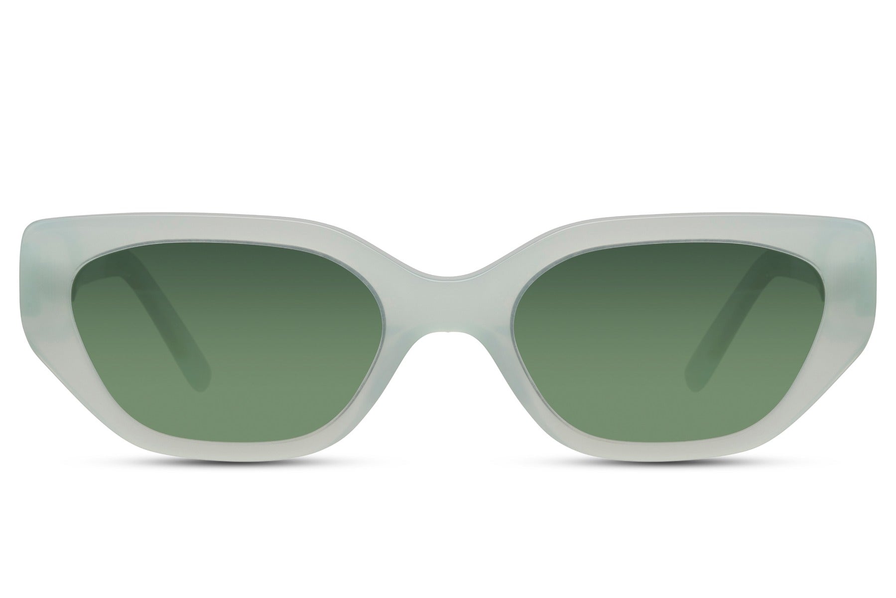 Green tinted geometric cat eye sunglasses with bold frame shape and contemporary style
