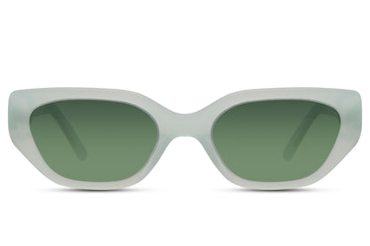 Green tinted geometric cat eye sunglasses with bold frame shape and contemporary style