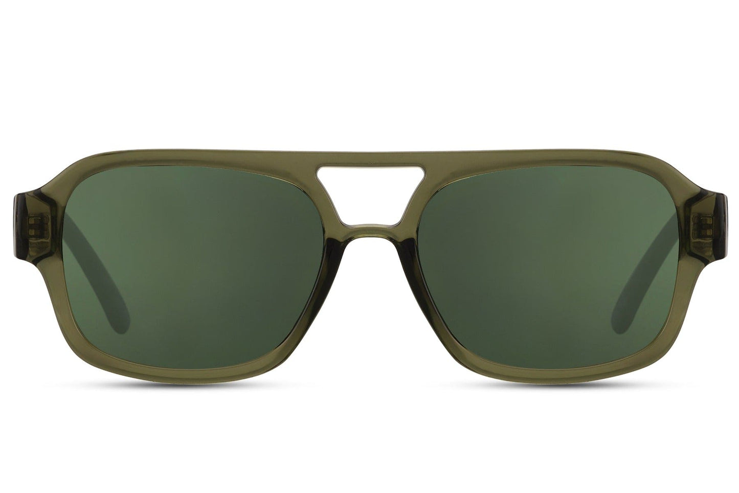 Green lens aviator sunglasses inspired by classic aviation style, featuring an eco-friendly frame and comfortable fit