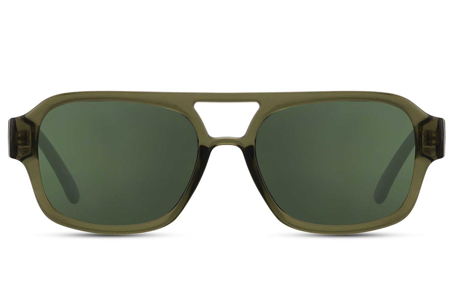 Green lens aviator sunglasses inspired by classic aviation style, featuring an eco-friendly frame and comfortable fit