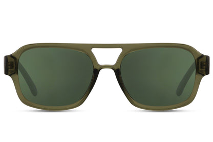 Green lens aviator sunglasses inspired by classic aviation style, featuring an eco-friendly frame and comfortable fit