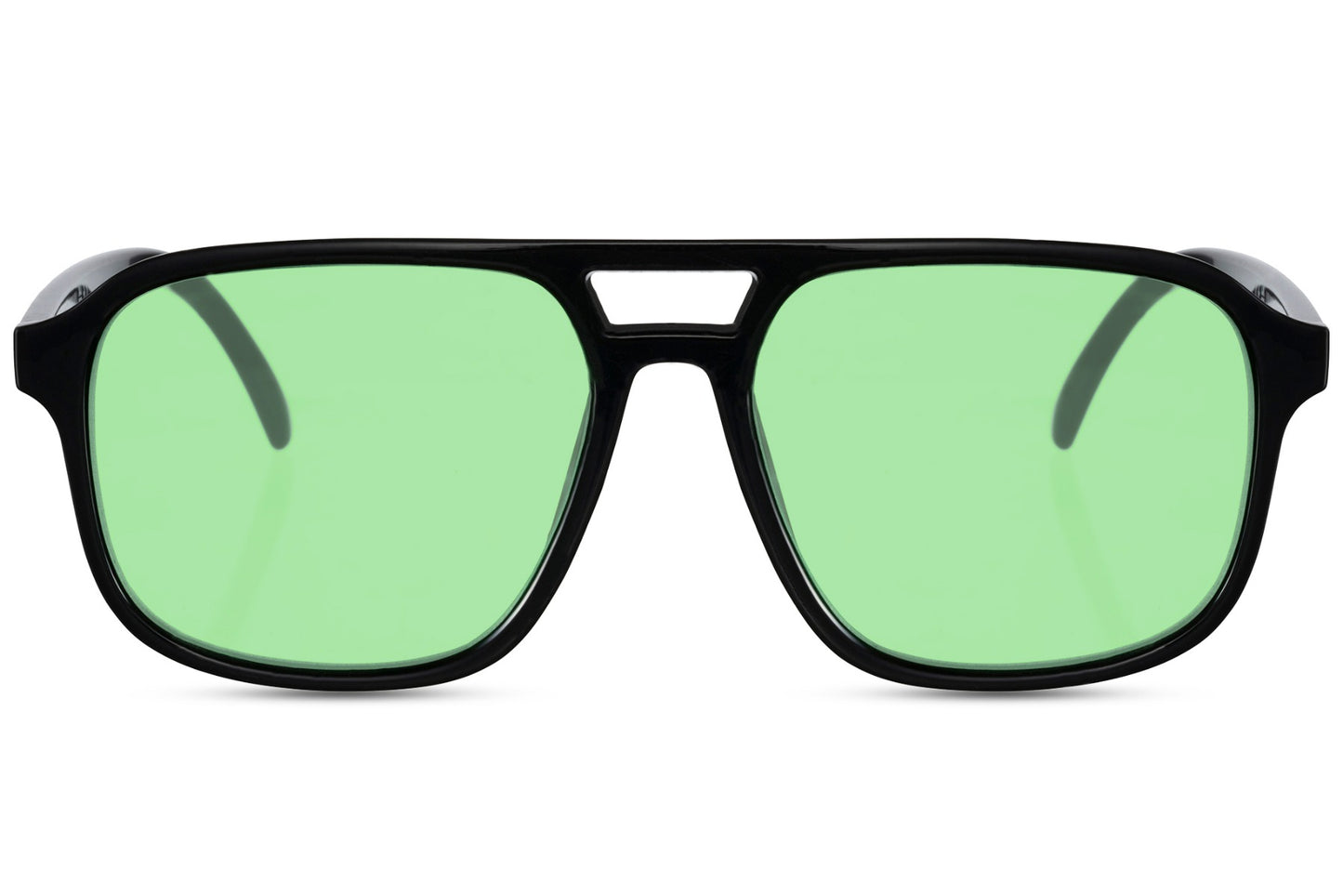 Green lens aviator sunglasses inspired by classic aviation style, offering a balanced and timeless look