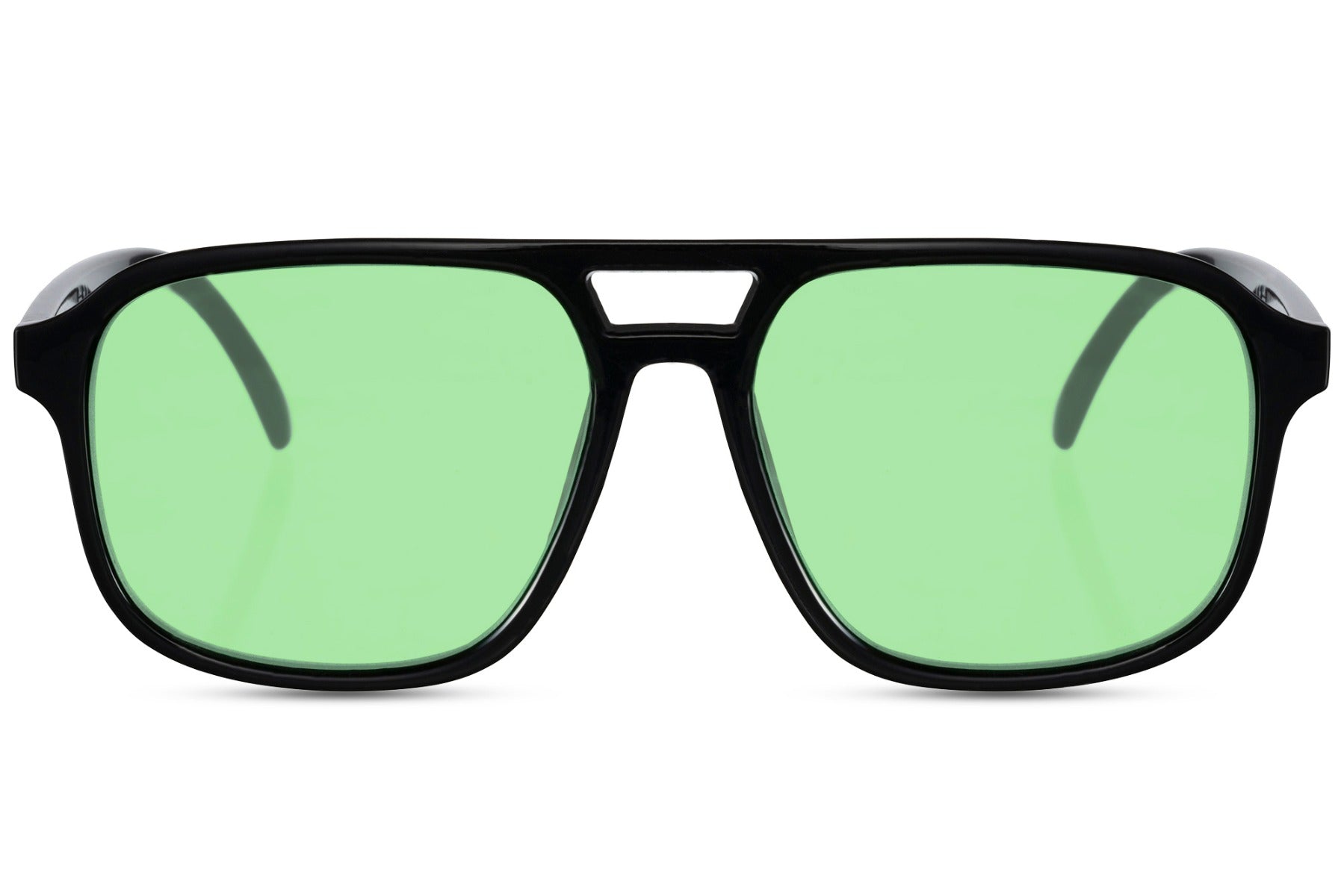 Green lens aviator sunglasses inspired by classic aviation style, offering a balanced and timeless look