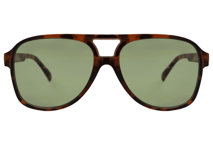 Green lens aviator sunglasses with a retro contrast frame, offering a balanced mix of classic and modern style