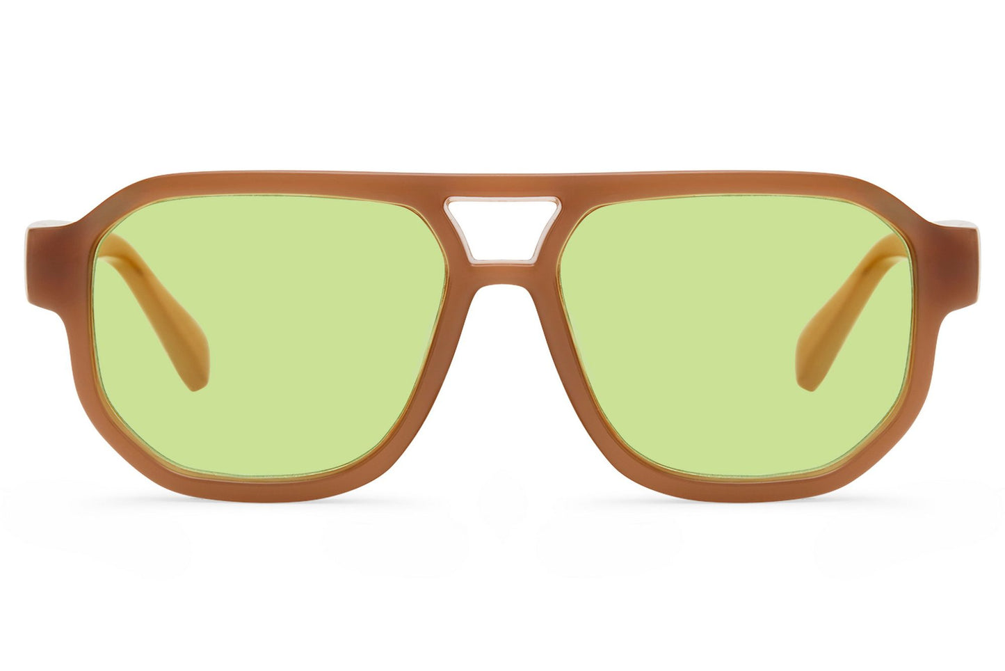 Green lens aviator sunglasses with a vintage chic feel, offering a balanced look between classic design and contemporary style